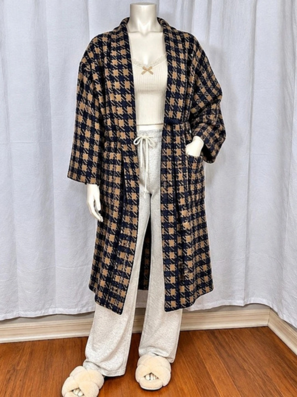 Barrington Men's Cotton Houndstooth Robe Navy Tan One Size Vintage